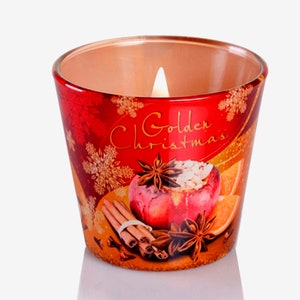 May include: A red glass candle holder with a gold and white design featuring snowflakes, cinnamon sticks, star anise, and an orange slice. The candle holder has the text "Golden Christmas" printed on it.