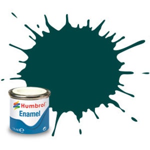 May include: A small can of dark green enamel paint. The paint is a deep, rich green color. The can is labeled "Humbrol Enamel" and has a white background with a blue and red stripe.
