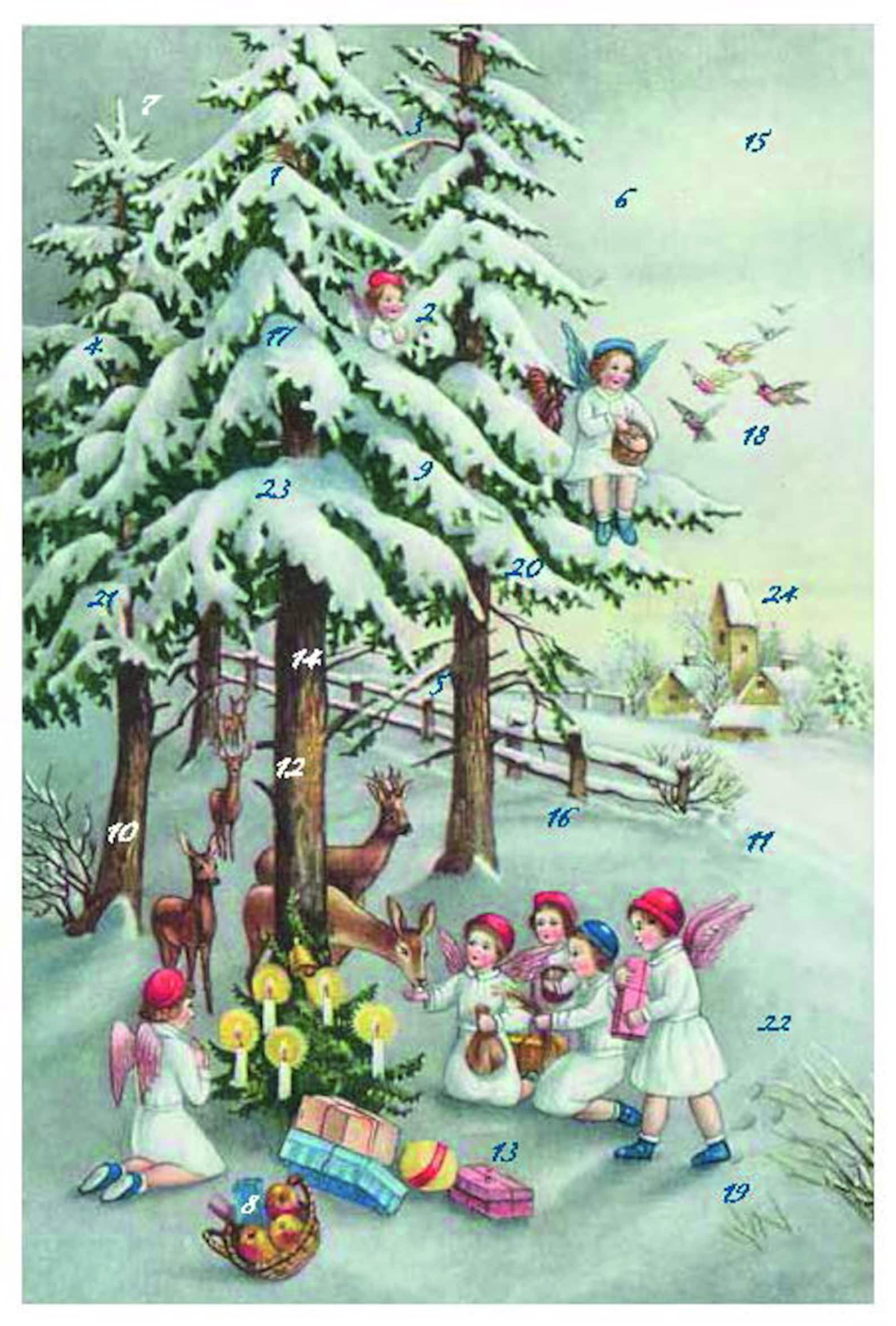 German Christmas Card / Advent Calendar - Angels Feeding Deer - Etsy