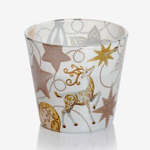May include: A clear glass candle holder with a white background and gold and brown glitter stars, a reindeer, and other holiday designs.