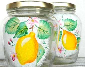 Hand painted glass jar with lid Lemon- Honey pot - Kitchen canister set - Glass cookie jar - Food storage decorative glass jar