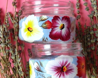 Painted Glass Jar with Lid, Decorative - Hand painted Jars - Folk Art Painting Kitchen Canisters - Small Glass Jar
