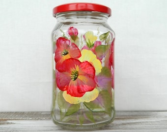 Red Glass Jar With Lid - Hand Painted Glass Jars -  Colorful Storage Kitchen Canisters - Folk Art Painting Coffee Canister