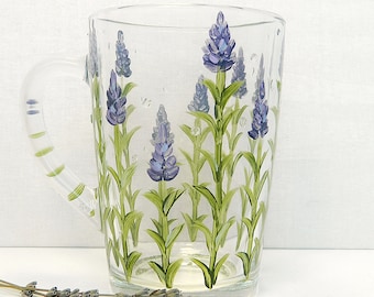 Purple Lavender Mug - Floral Glass Coffee Mug Mothers Day Gift - Hand Painted Mugs