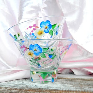 Blue cherry blossom Hand painted Ice cream bowls Glass dessert bowl Painted glassware Set of sherbet cups with floral design Sundae glasses