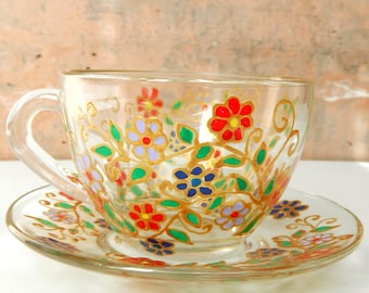 Hand Painted Tea Cup and Saucer - Painted Glass Tea Set - Hand Painted Floral Stained Glass Cup and Saucer
