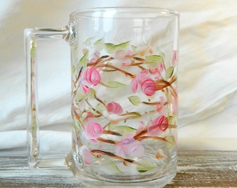 Pink rose hand painted glass mug - Floral coffee mug - Colored glassware -  Glass coffee mug handmade