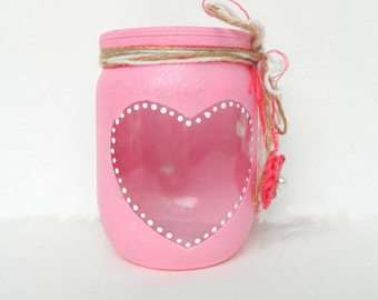 Pink heart candle holder Mason jar tea light holder Hand painted glass candle holder