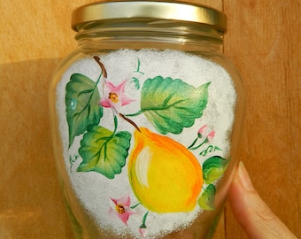 Hand painted glass cookie jar with lemon - Decorative jar honey pot - Lemon gift