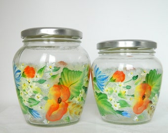 California Poppy Kitchen Canister Set. Daisy Glass Cookie Jar. Hand Painted Jars. Painted Glassware. Food Storage Painted Glass Jars