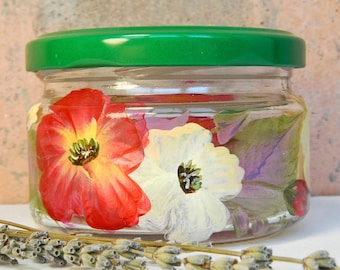 Red Small Glass Jar with Lid - 8oz Decorative Storage Container - Flower Pattern Hand Painted Jar