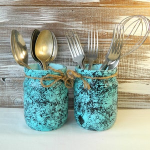Hand-Painted Turquoise Utensil Holder: Marble Kitchen Storage Jars