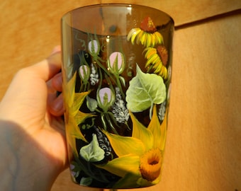 Hand painted sunflower glass mug Coffee mug handmade Floral coffee mug Brown glassware Painted glass tea cup