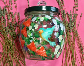 Large hummingbird and floral rounded glass cookie jar Hand painted kitchen canister