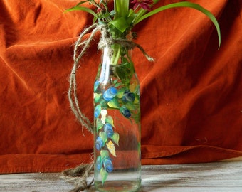 Hanging vase with hand painted blue roses Recycled glass&jute Upcycled glass garden vase Recycled gifts for women Decorated bottles 6,76 oz