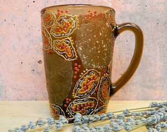 Brown glass mug Wabi Sabi mug with skeletons of natural leaves Coffee mug handmade