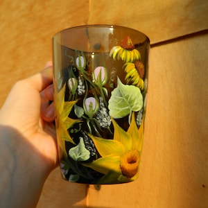 Hand painted sunflower glass mug Coffee mug handmade Floral coffee mug Brown glassware Painted glass tea cup