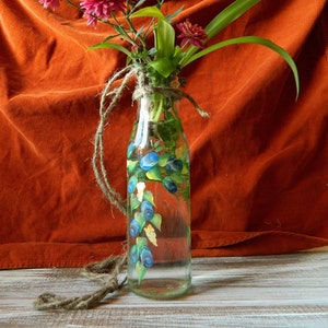 Hanging vase with hand painted blue roses Recycled glass&jute Upcycled glass garden vase Recycled gifts for women Decorated bottles 6,76 oz