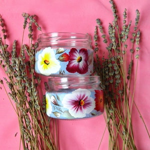 Painted glass jar with decorative lid Hand painted jars Small colorful jar as sugar canister Folk art painting Fruit jar Decorative canister