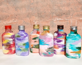 Colored glass bottles with lids - Hand painted glass wine accessories - Recycled glass small liquor bottles whimsical decor