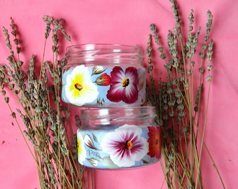 Painted glass jar with decorative lid Hand painted jars Small colorful jar as sugar canister Folk art painting Fruit jar Decorative canister