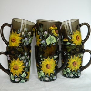 Yellow sunflowers on brown mugs set of 6 Floral hand painted coffee mug Painted glassware Painted coffee mugs Glass tea mug Glass coffee cup