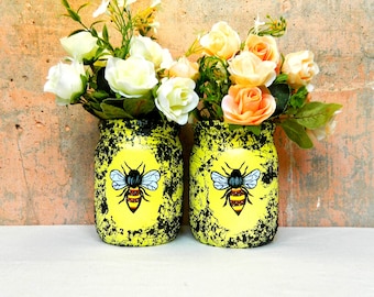 Two yellow marble and bee painted jar vases Hand painted glass jars Organizing jar Black marble jar