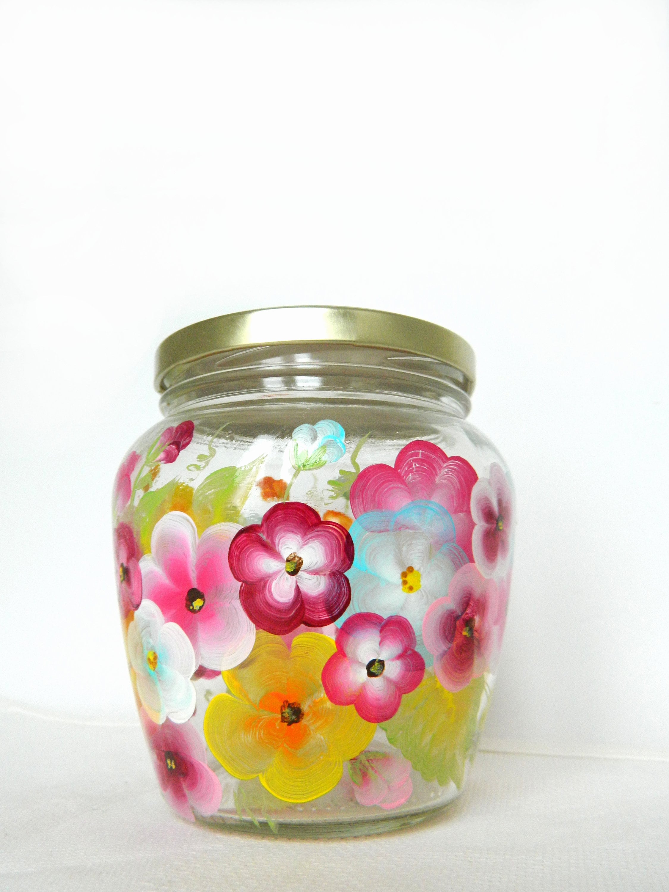 Glass Jar With Lid, Decorative Glass Container, Red Blue Yellow Flowers Jar,  Hand Painted Jar, Kitchen Container, Multicolor Flowers Jar 