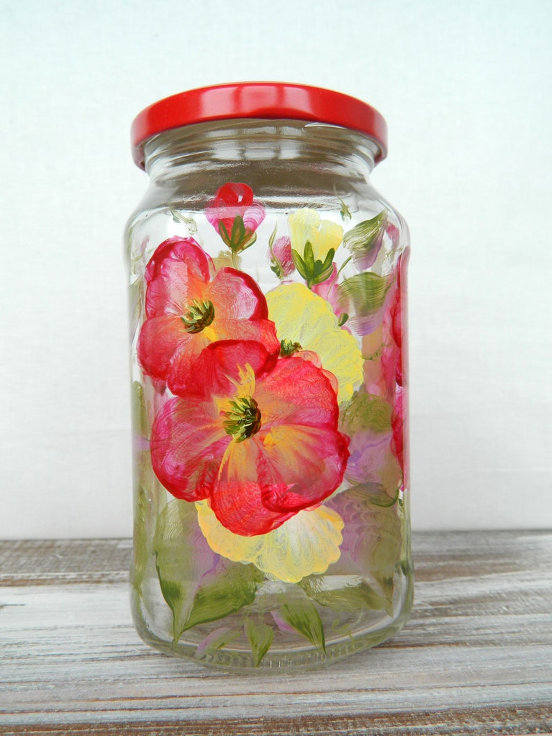 Red Glass Jar & Lid Handpainted Jar Painted Glass Jars Creative Packaging Kitchen Canister