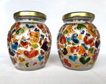 Stained Glass Painting Colored Jar of Hearts - Valentine’s Day Cookie Jar - Colorful Storage Hand Painted Jars