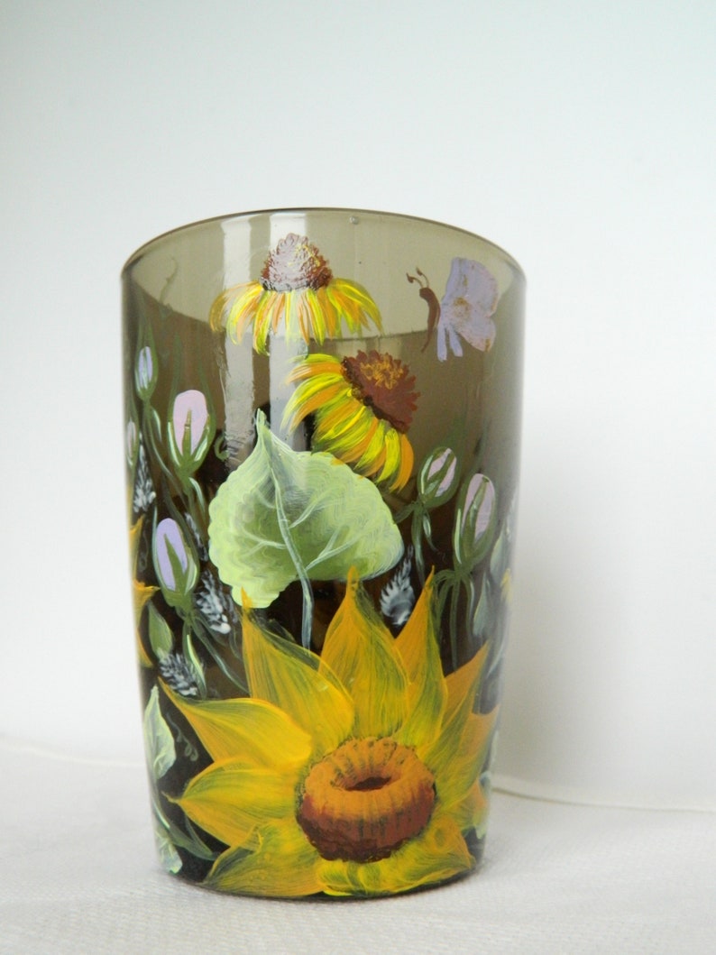 Hand Painted Sunflower Glass Mug Coffee Mug Handmade Floral Coffee Mug
