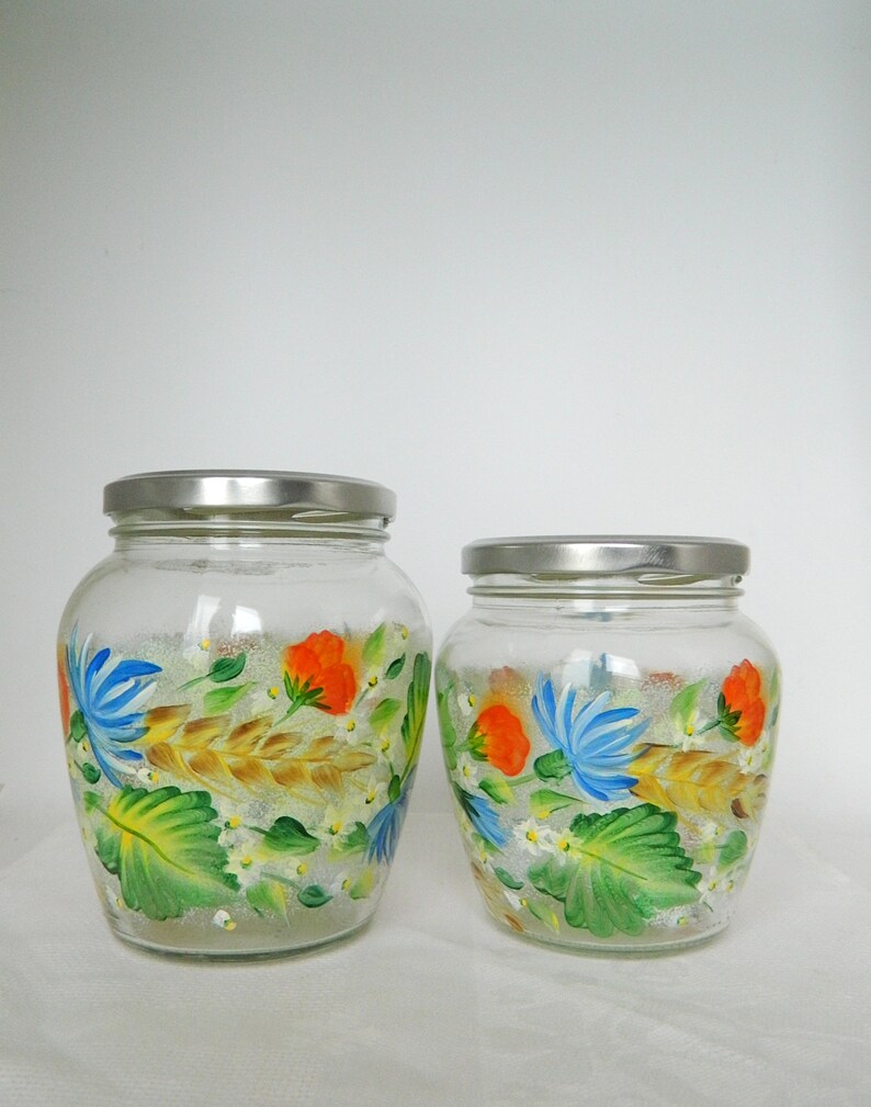 California Poppy Kitchen Canister Set. Daisy Glass Cookie Jar. Hand