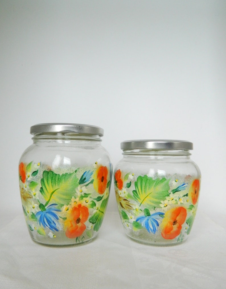 California Poppy Kitchen Canister Set. Daisy Glass Cookie Jar. Hand