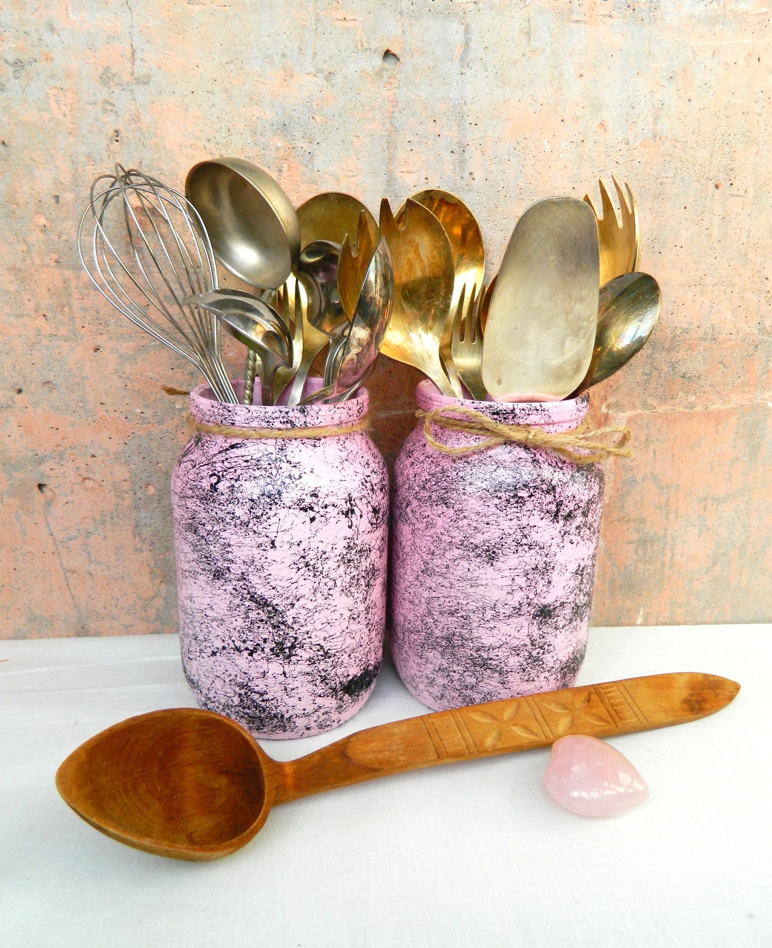 Pink Utensil Holder Painted Kitchen Storage Jar Marble Hand Painted