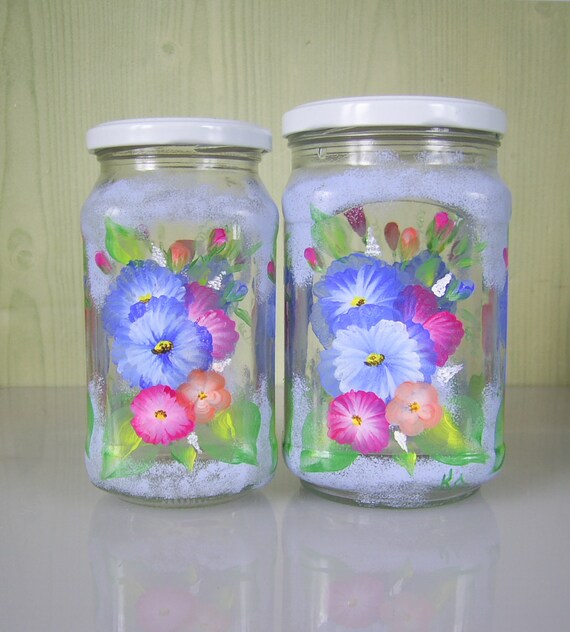 Blue Canisters Set For Kitchen Glass Cookie Jar Hand Painted Etsy