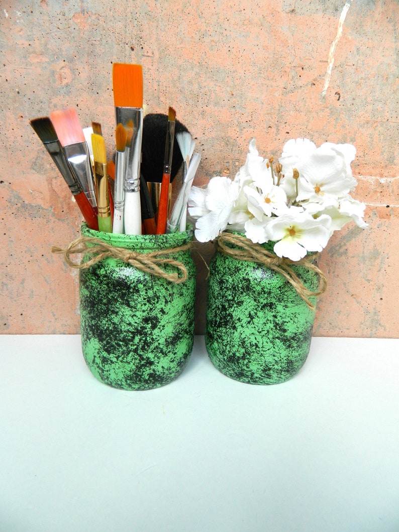 Emerald Green Utensil Holder Painted Kitchen Storage Jar Marble Hand
