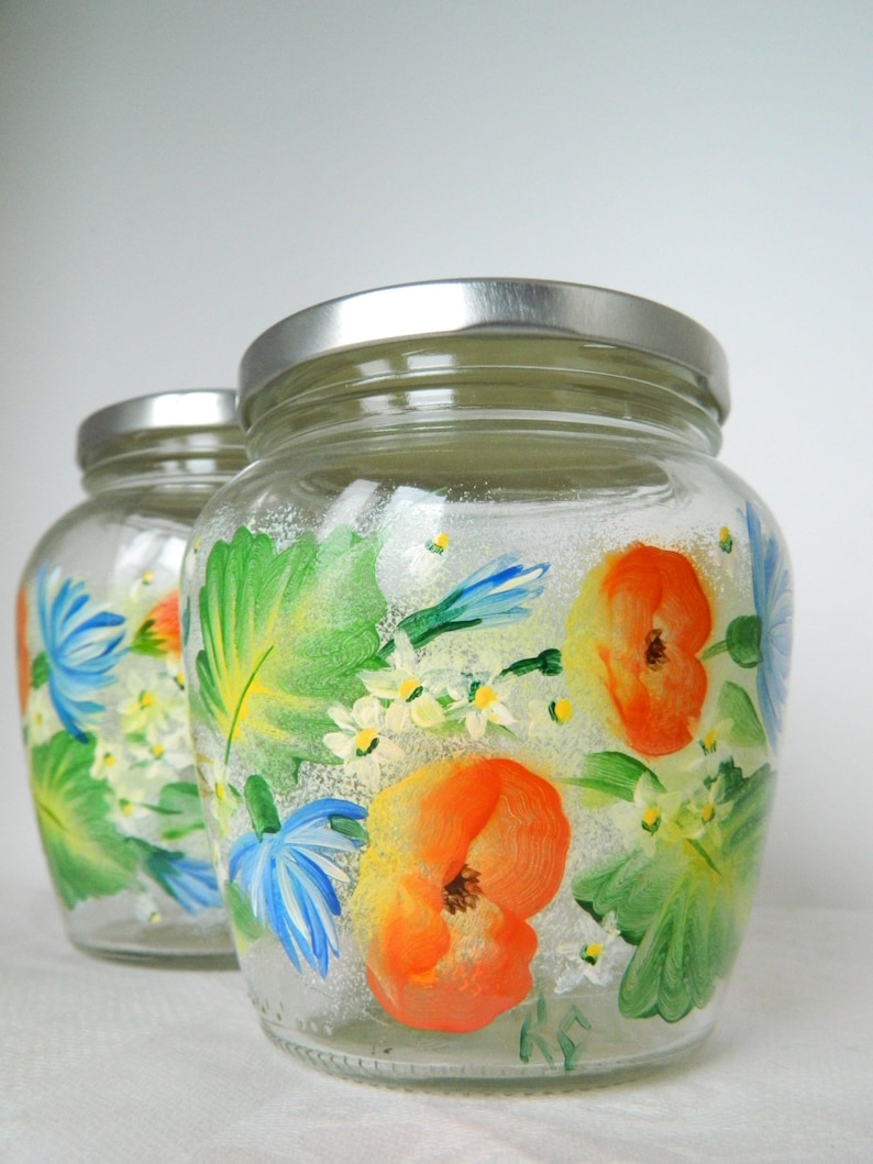 California Poppy Kitchen Canister Set. Daisy Glass Cookie Jar. Hand