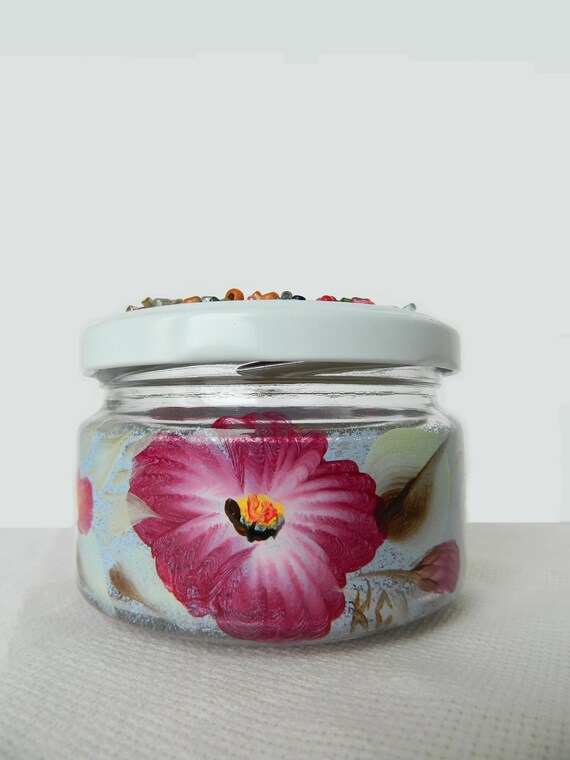 Painted Glass Jar With Decorative Lid Hand Painted Jars Small Etsy