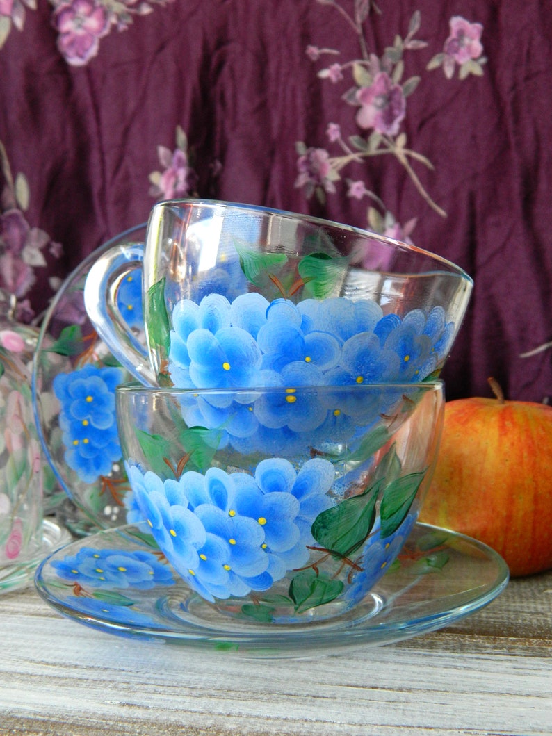 Lilac Glass Tea Cup and Saucer Painted Glassware Hand Painted Etsy