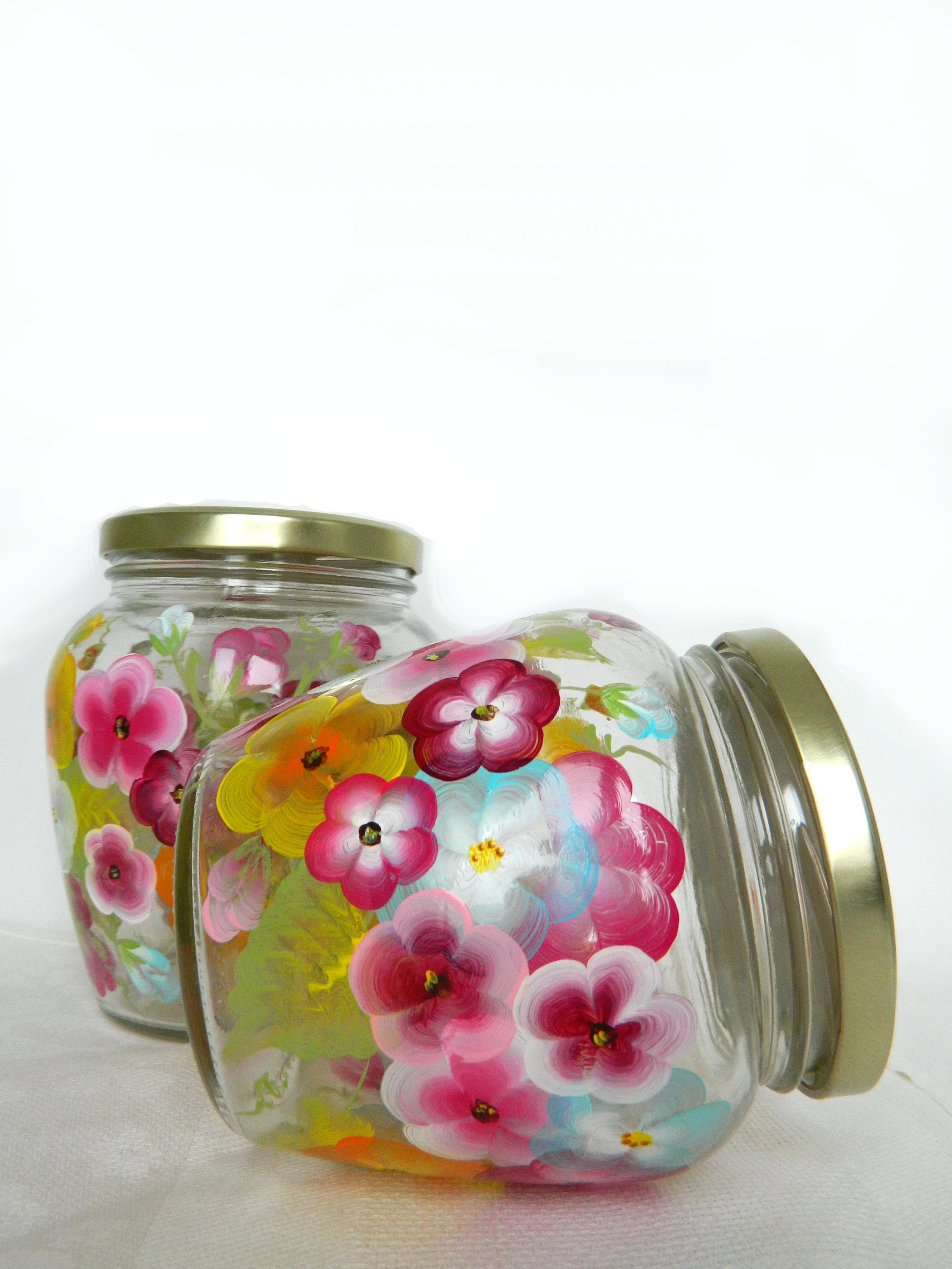 Glass Jar With Lid, Decorative Glass Container, Red Blue Yellow Flowers Jar,  Hand Painted Jar, Kitchen Container, Multicolor Flowers Jar 