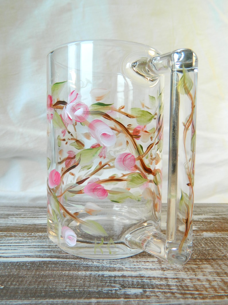 Pink Rose Hand Painted Flower Glass Mug Birthday Glassware Colorful