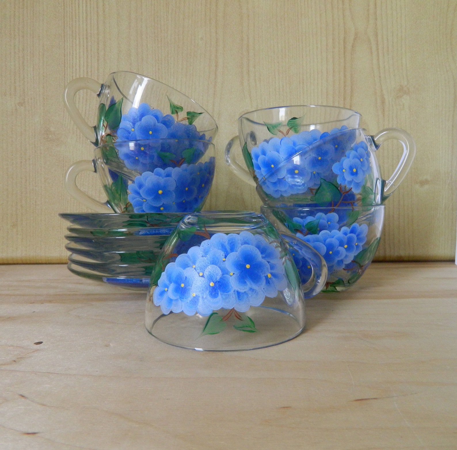 Glass Teacup and Saucer Lilac Blue Hand Painted Tea Cup Floral Tea Mug