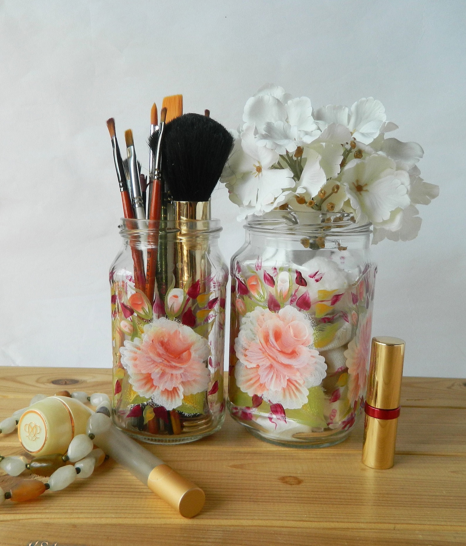Makeup Brush Holder Roses Painted Glass Jars Make up Brush Jar Makeup