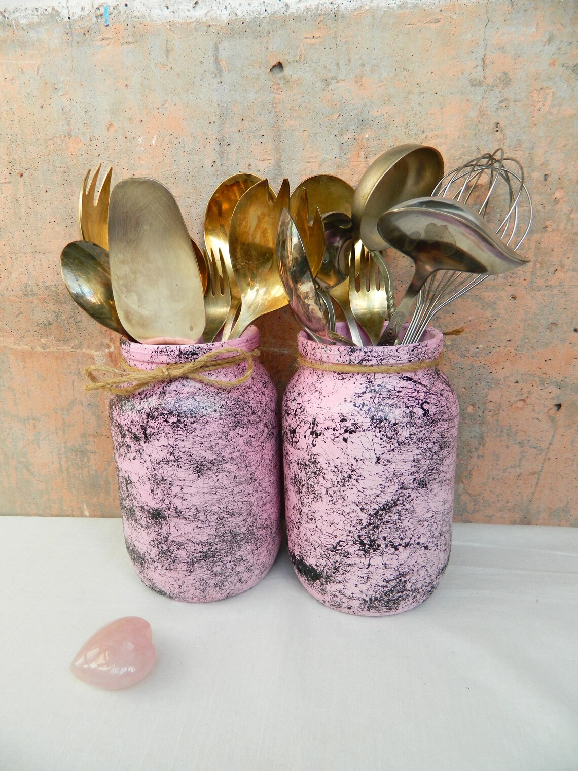 Pink Utensil Holder Painted Kitchen Storage Jar Marble Hand Etsy