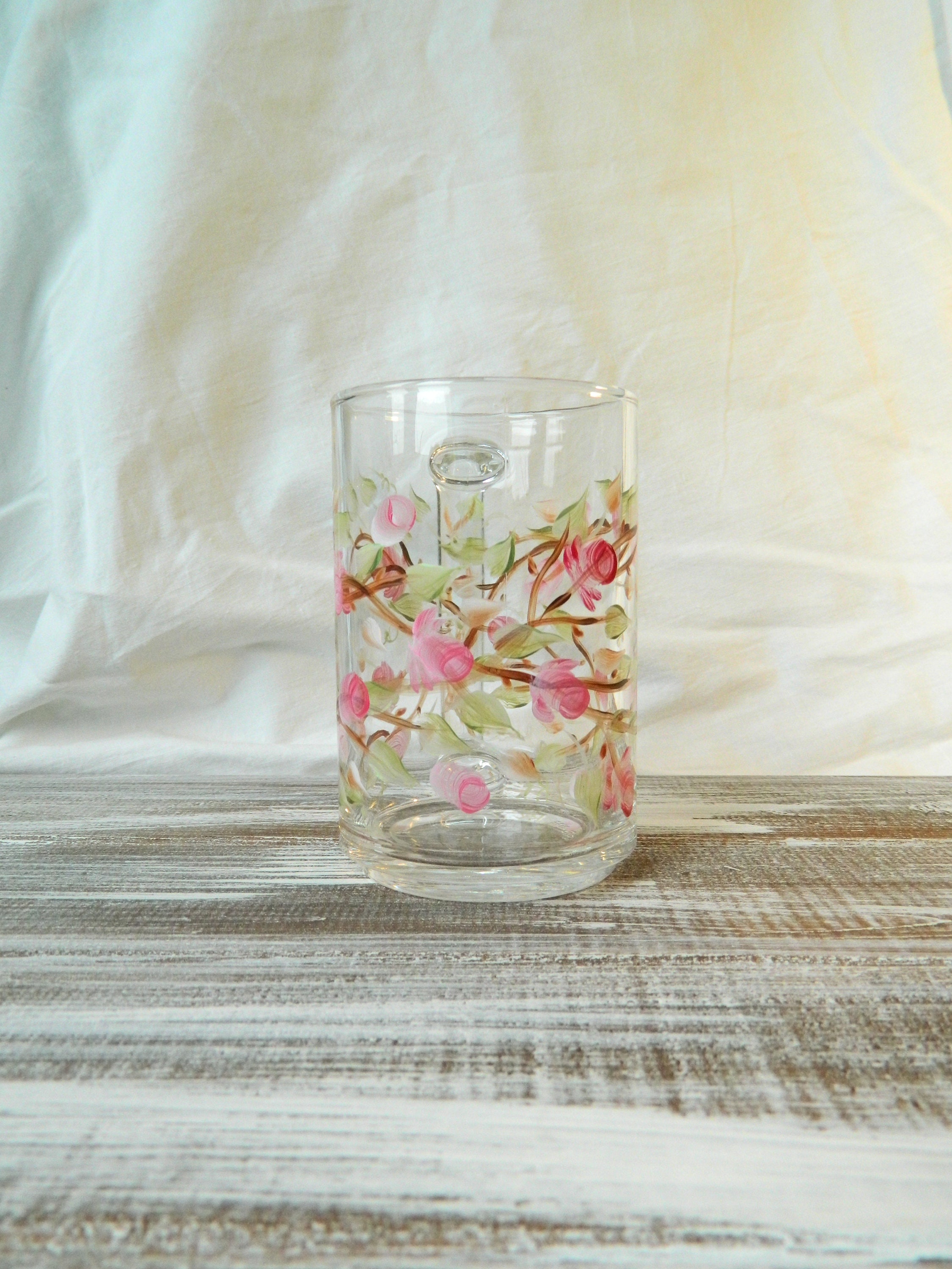 Pink Rose Hand Painted Flower Glass Mug Birthday Glassware Colorful