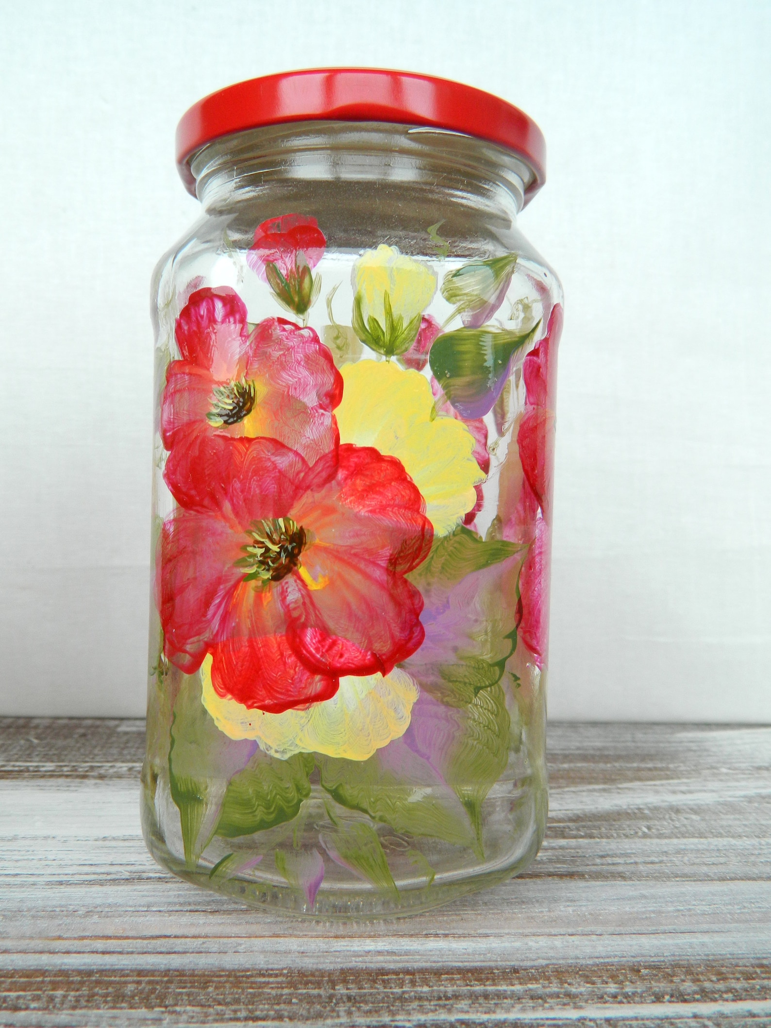 Red Glass Jar & Lid Handpainted Jar Painted Glass Jars Creative