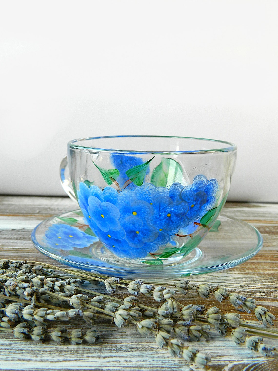 Lilac Glass Tea Cup and Saucer Painted Glassware Hand Painted Etsy