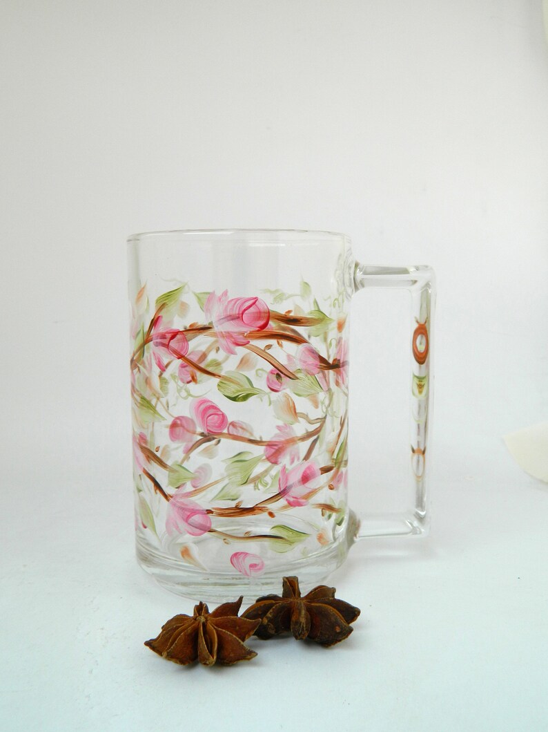 Pink rose hand painted flower glass mug Birthday glassware Etsy