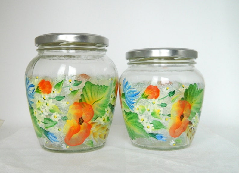 California Poppy Kitchen Canister Set Glass Cookie Jar Hand Painted Jars Glassware Food Storage Cornflower Blue