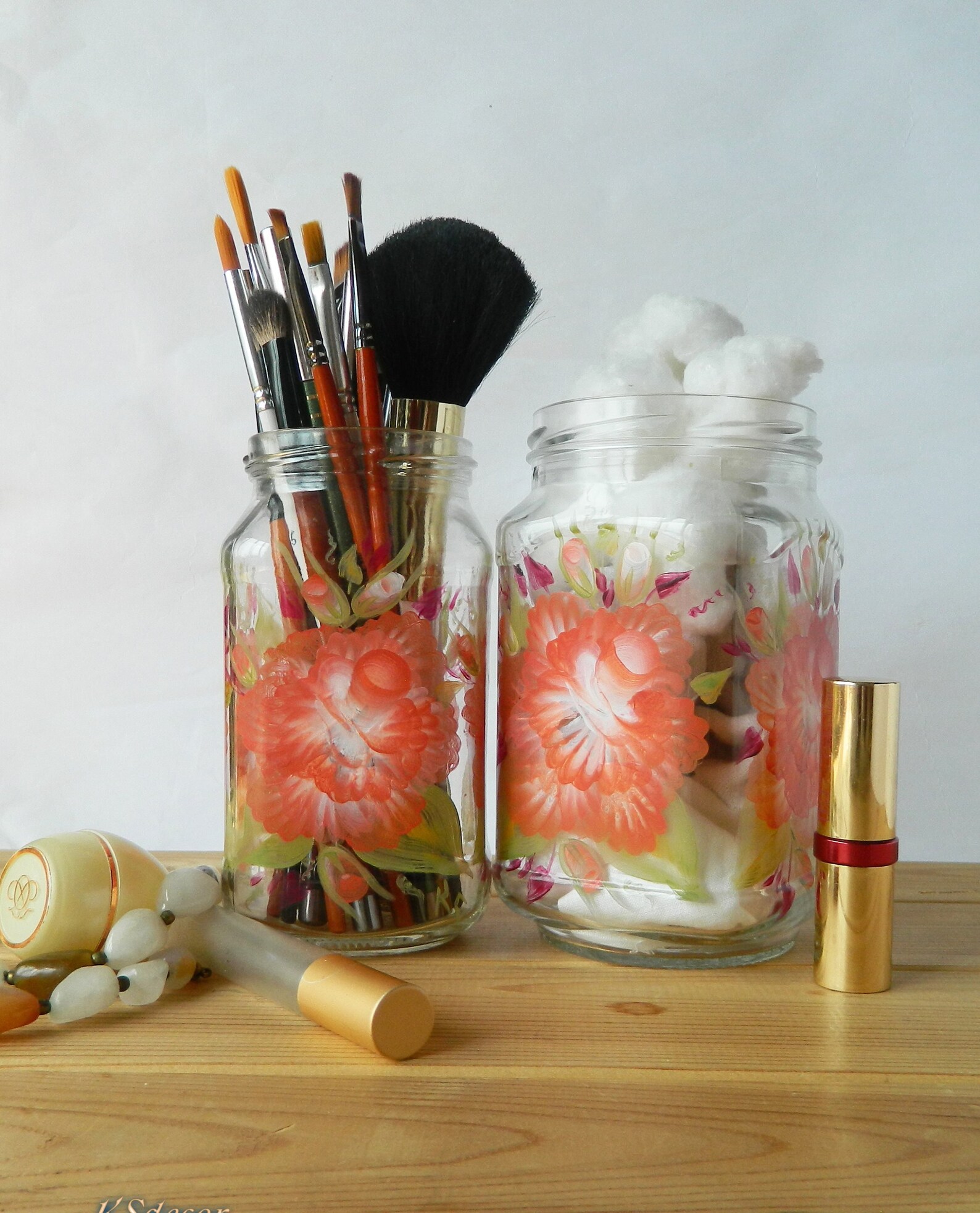 Makeup Brush Holder Roses Painted Glass Jars Make up Brush Jar Makeup